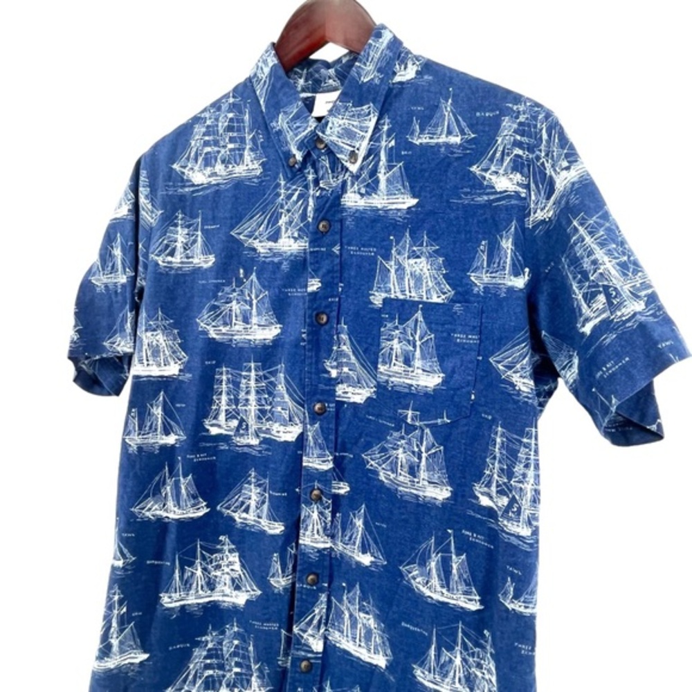 Ps & Qs Mens Nautical Button Down Shirt Boats Blue Short Sleeve size X 10497